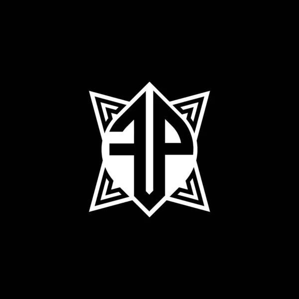 黒の背景に隔離された星の幾何学的な形状スタイルのデザインとFpモノグラムのロゴの手紙 星多角形 シールドスター幾何学 — ストックベクタ