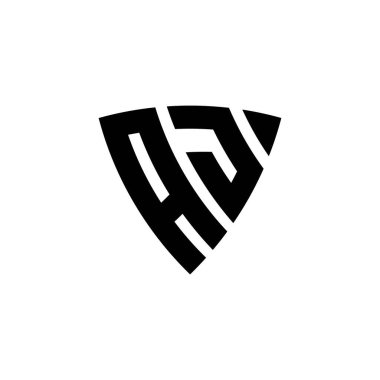 AJ Monogram logo harfi, beyaz arkaplanda izole edilmiş üçgen kalkan şekli tasarımı. Üçgen monogram logosu, kalkan monogramı, üçgen kalkan harfi..