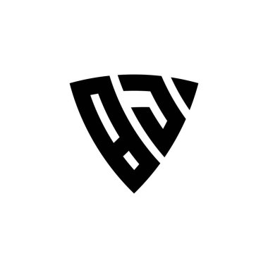 Beyaz arkaplanda izole edilmiş BJ Monogram logo harfleri ve üçgen kalkan şekli tasarımı. Üçgen monogram logosu, kalkan monogramı, üçgen kalkan harfi..
