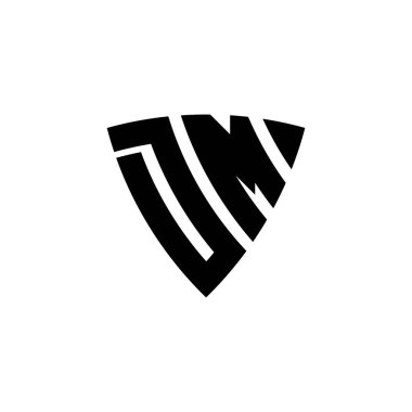 Beyaz arkaplanda izole edilmiş üçgen kalkan biçimli logo harfli DM Monogram. Üçgen monogram logosu, kalkan monogramı, üçgen kalkan harfi..