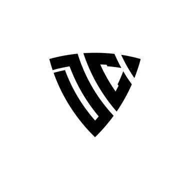 DC Monogram logo harfi, beyaz arkaplanda izole edilmiş üçgen kalkan şekli tasarımı. Üçgen monogram logosu, kalkan monogramı, üçgen kalkan harfi..