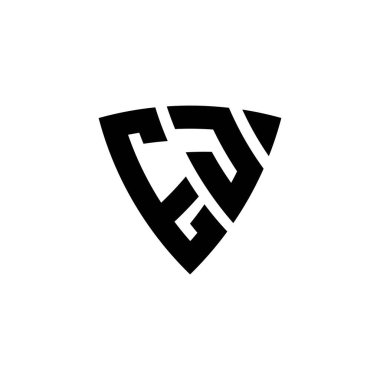 Beyaz arkaplanda izole edilmiş EJ Monogram logo harfli üçgen kalkan şekli tasarımı. Üçgen monogram logosu, kalkan monogramı, üçgen kalkan harfi..