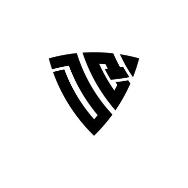 Beyaz arkaplanda izole edilmiş üçgen kalkan biçimli logo harfli DQ Monogram. Üçgen monogram logosu, kalkan monogramı, üçgen kalkan harfi..