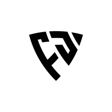 Beyaz arkaplanda izole edilmiş FJ Monogram logo harfli üçgen kalkan şekli tasarımı. Üçgen monogram logosu, kalkan monogramı, üçgen kalkan harfi..