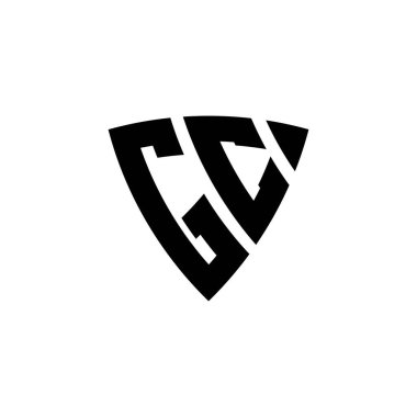 Beyaz arkaplanda izole edilmiş, üçgen kalkan biçimi tasarımlı GC Monogram logo harfi. Üçgen monogram logosu, kalkan monogramı, üçgen kalkan harfi..