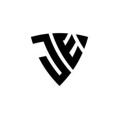 JE Monogram logo harfi, beyaz arkaplanda izole edilmiş üçgen kalkan şekli tasarımı. Üçgen monogram logosu, kalkan monogramı, üçgen kalkan harfi..