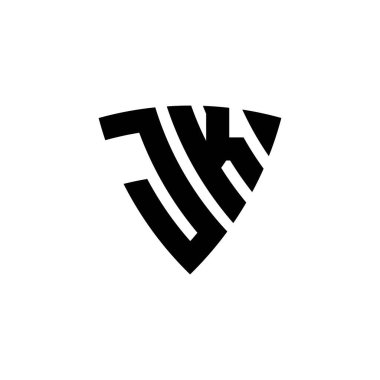 Beyaz arkaplanda izole edilmiş JK Monogram logo harfli üçgen kalkan şekli tasarımı. Üçgen monogram logosu, kalkan monogramı, üçgen kalkan harfi..