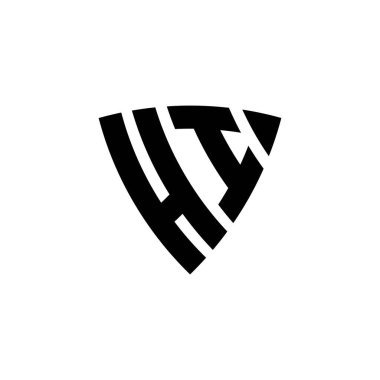 Beyaz arkaplanda izole edilmiş üçgen kalkan biçimli logo harfli HI Monogram. Üçgen monogram logosu, kalkan monogramı, üçgen kalkan harfi..