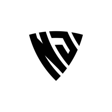 Beyaz arkaplanda izole edilmiş NJ Monogram logo harfi üçgen kalkan şekli tasarımı. Üçgen monogram logosu, kalkan monogramı, üçgen kalkan harfi..