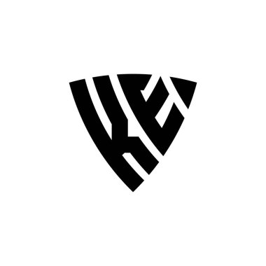 KE Monogram logo harfi, beyaz arkaplanda izole edilmiş üçgen kalkan şekli tasarımı. Üçgen monogram logosu, kalkan monogramı, üçgen kalkan harfi..