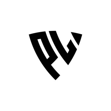 Beyaz arkaplanda izole edilmiş PL Monogram logo harfi üçgen kalkan şekli tasarımı. Üçgen monogram logosu, kalkan monogramı, üçgen kalkan harfi..