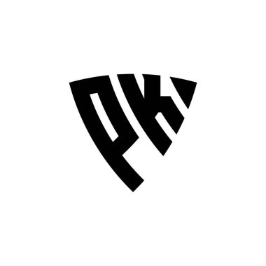 Beyaz arkaplanda izole edilmiş PK Monogram logo harfi üçgen kalkan şekli tasarımı. Üçgen monogram logosu, kalkan monogramı, üçgen kalkan harfi..