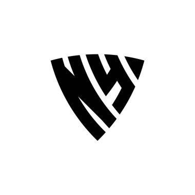 Beyaz arkaplanda izole edilmiş üçgen kalkan biçimli logo harfli New York Monogram. Üçgen monogram logosu, kalkan monogramı, üçgen kalkan harfi..