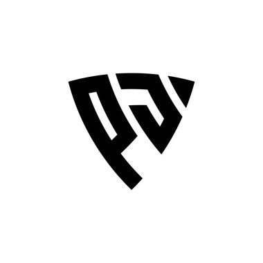 Beyaz arkaplanda izole edilmiş PJ Monogram logo harfli üçgen kalkan şekli tasarımı. Üçgen monogram logosu, kalkan monogramı, üçgen kalkan harfi..