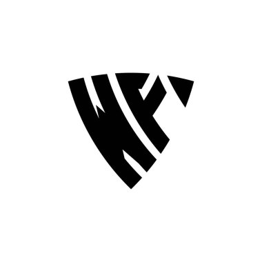 Beyaz arkaplanda izole edilmiş WF Monogram logo harfli üçgen kalkan şekli tasarımı. Üçgen monogram logosu, kalkan monogramı, üçgen kalkan harfi..