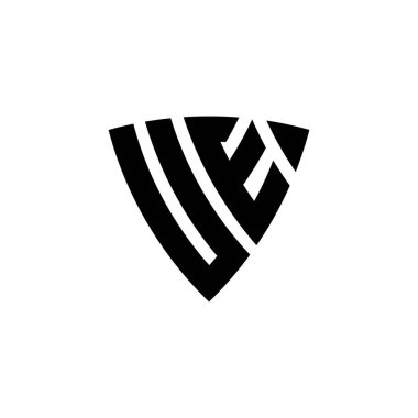 Beyaz arkaplanda izole edilmiş üçgen kalkan biçimli logo harfli UE Monogram. Üçgen monogram logosu, kalkan monogramı, üçgen kalkan harfi..