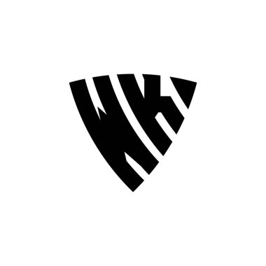 Beyaz arkaplanda izole edilmiş WK Monogram logo harfi üçgen kalkan şekli tasarımı. Üçgen monogram logosu, kalkan monogramı, üçgen kalkan harfi..