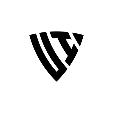 Beyaz arkaplanda izole edilmiş üçgen kalkan şekilli logo harfli UI Monogram. Üçgen monogram logosu, kalkan monogramı, üçgen kalkan harfi..