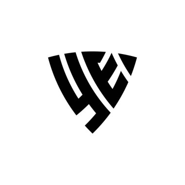 Beyaz arkaplanda izole edilmiş üçgen kalkan biçimli YE Monogram logo harfi. Üçgen monogram logosu, kalkan monogramı, üçgen kalkan harfi..