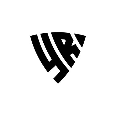Beyaz arkaplanda izole edilmiş YR Monogram logo harfli üçgen kalkan şekli tasarımı. Üçgen monogram logosu, kalkan monogramı, üçgen kalkan harfi..