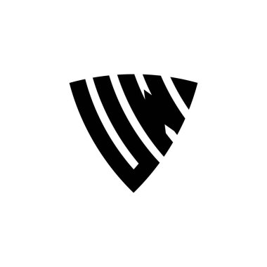 Beyaz arkaplanda izole edilmiş üçgen kalkan biçimli logo harfli UW Monogram. Üçgen monogram logosu, kalkan monogramı, üçgen kalkan harfi..