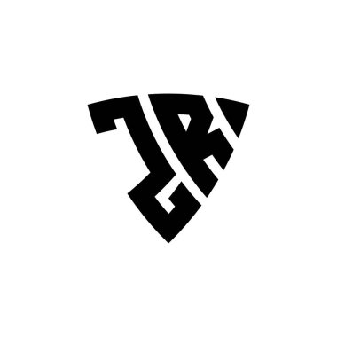 Beyaz arkaplanda izole edilmiş ZR Monogram logo harfli üçgen kalkan şekli tasarımı. Üçgen monogram logosu, kalkan monogramı, üçgen kalkan harfi..