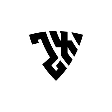 Beyaz arkaplanda izole edilmiş ZX Monogram logo harfli üçgen kalkan şekli tasarımı. Üçgen monogram logosu, kalkan monogramı, üçgen kalkan harfi..