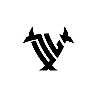 Beyaz arkaplanda izole edilmiş üçgen kalkan biçimi tasarımlı DL Monogram logo harfi. Radyoaktif logo, radyoaktif üçgen ve kalkan şekilli harf.