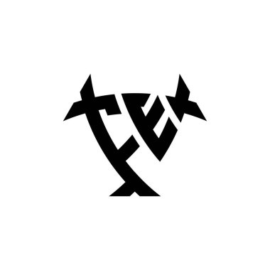 FE Monogram logo harfi, beyaz arkaplanda izole edilmiş üçgen kalkan şekli tasarımı. Radyoaktif logo, radyoaktif üçgen ve kalkan şekilli harf.