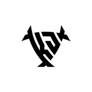 Beyaz arkaplanda izole edilmiş KJ Monogram logo harfi üçgen kalkan biçimi tasarımı. Radyoaktif logo, radyoaktif üçgen ve kalkan şekilli harf.