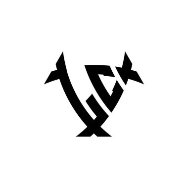 LC Monogram logo harfi, beyaz arkaplanda izole edilmiş üçgen kalkan şekli tasarımı. Radyoaktif logo, radyoaktif üçgen ve kalkan şekilli harf.