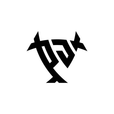 Beyaz arkaplanda izole edilmiş PJ Monogram logo harfli üçgen kalkan şekli tasarımı. Radyoaktif logo, radyoaktif üçgen ve kalkan şekilli harf.