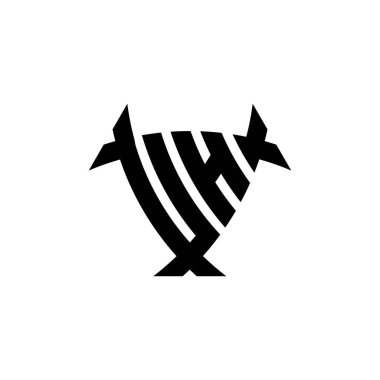 Beyaz arkaplanda izole edilmiş üçgen kalkan biçimli logo harfi. Radyoaktif logo, radyoaktif üçgen ve kalkan şekilli harf.