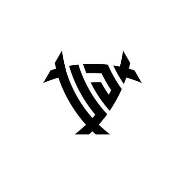 Beyaz arkaplanda izole edilmiş UJ Monogram logo harfli üçgen kalkan şekli tasarımı. Radyoaktif logo, radyoaktif üçgen ve kalkan şekilli harf.