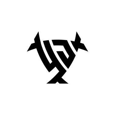 Beyaz arkaplanda izole edilmiş YJ Monogram logo harfleri. Radyoaktif logo, radyoaktif üçgen ve kalkan şekilli harf.