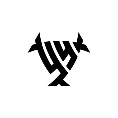 Beyaz arkaplanda izole edilmiş YY Monogram logo harfi üçgen kalkan şekli tasarımı. Radyoaktif logo, radyoaktif üçgen ve kalkan şekilli harf.