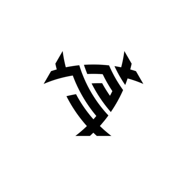 白い背景に隔離された三角形のシールド形状スタイルのデザインとJjモノグラムロゴの手紙 放射性ロゴ 三角形放射線とシールド形状の手紙 — ストックベクタ