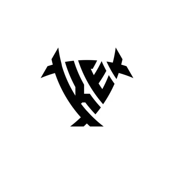 白の背景に隔離された三角形のシールド形状スタイルのデザインとKeモノグラムロゴの手紙 放射性ロゴ 三角形放射線とシールド形状の手紙 — ストックベクタ