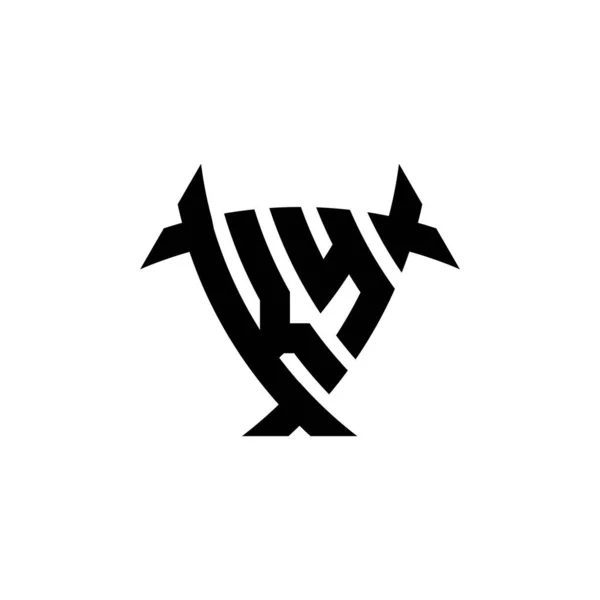 白の背景に隔離された三角形のシールド形状スタイルのデザインとKyモノグラムのロゴの手紙 放射性ロゴ 三角形放射線とシールド形状の手紙 — ストックベクタ