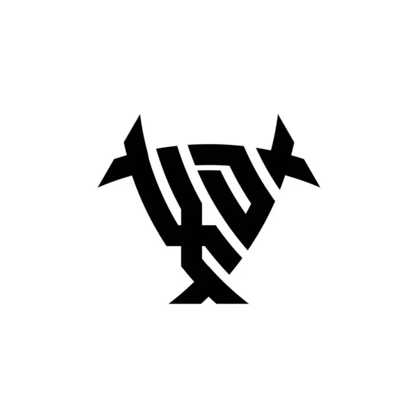 白い背景に隔離された三角形のシールド形状スタイルのデザインとXdモノグラムのロゴの手紙 放射性ロゴ 三角形放射線とシールド形状の手紙 — ストックベクタ