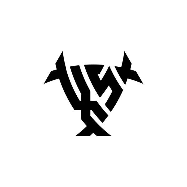 白い背景に隔離された三角形のシールド形状スタイルのデザインとXsモノグラムロゴの手紙 放射性ロゴ 三角形放射線とシールド形状の手紙 — ストックベクタ