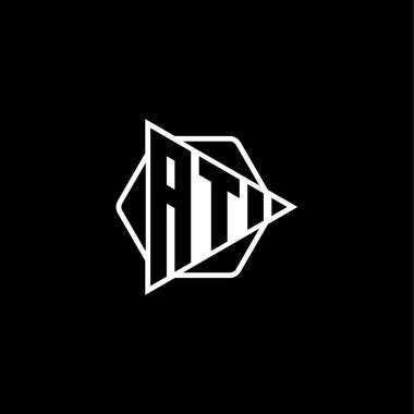 Üçgen oynatma düğmesi şeklindeki altıgen yuvarlak harfli AT Monogram logosu. Üçgen çember monogram logosu, üçgen kalkan logosu harfi.