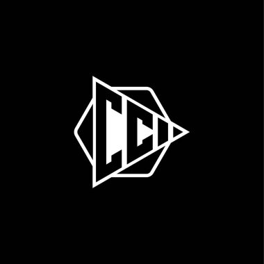 Üçgen oynatma düğmesi şekilli altıgen yuvarlanmış CC Monogram logo harfi. Üçgen çember monogram logosu, üçgen kalkan logosu harfi.