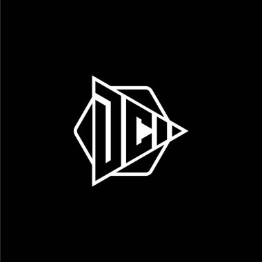 DC Monogram logo harfinde altıgen şeklinde üçgen oynatma düğmesi var. Üçgen çember monogram logosu, üçgen kalkan logosu harfi.