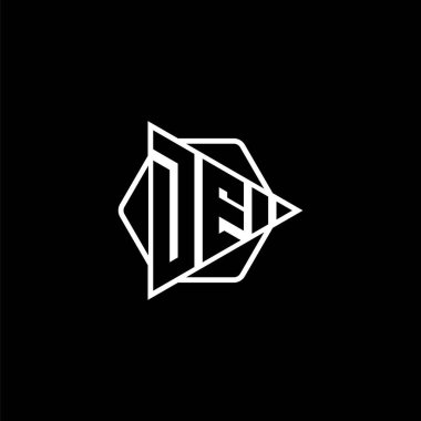Üçgen oynatma düğmesi şekilli altıgen yuvarlak harfli DE Monogram logosu. Üçgen çember monogram logosu, üçgen kalkan logosu harfi.