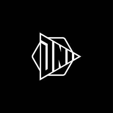 Üçgen oynatma düğmesi şekilli altıgen yuvarlak DN Monogram logo harfi. Üçgen çember monogram logosu, üçgen kalkan logosu harfi.