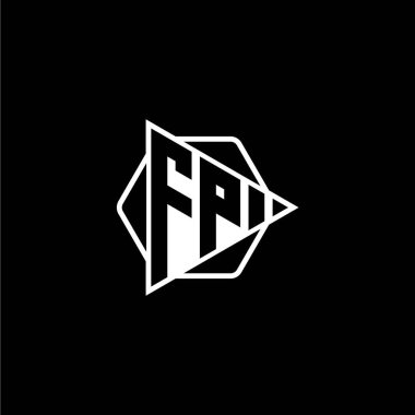 Üçgen oynatma düğmesi şekilli altıgen yuvarlak FP Monogram logo harfi. Üçgen çember monogram logosu, üçgen kalkan logosu harfi.