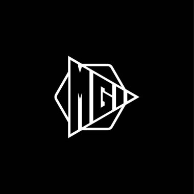 Üçgen oynatma düğmesi şekilli altıgen yuvarlak MG Monogram logo harfi. Üçgen çember monogram logosu, üçgen kalkan logosu harfi.