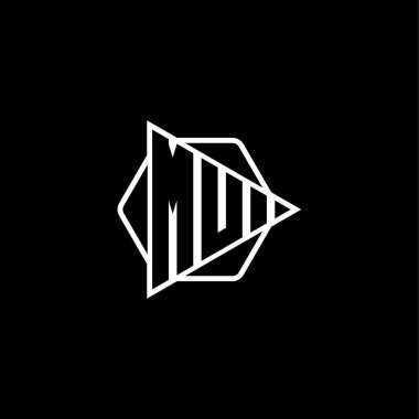 Üçgen oynatma düğmesi şekilli altıgen yuvarlak MU Monogram logo harfi. Üçgen çember monogram logosu, üçgen kalkan logosu harfi.