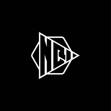 Üçgen oynatma düğmesi şekilli altıgen yuvarlak NQ Monogram logo harfi. Üçgen çember monogram logosu, üçgen kalkan logosu harfi.